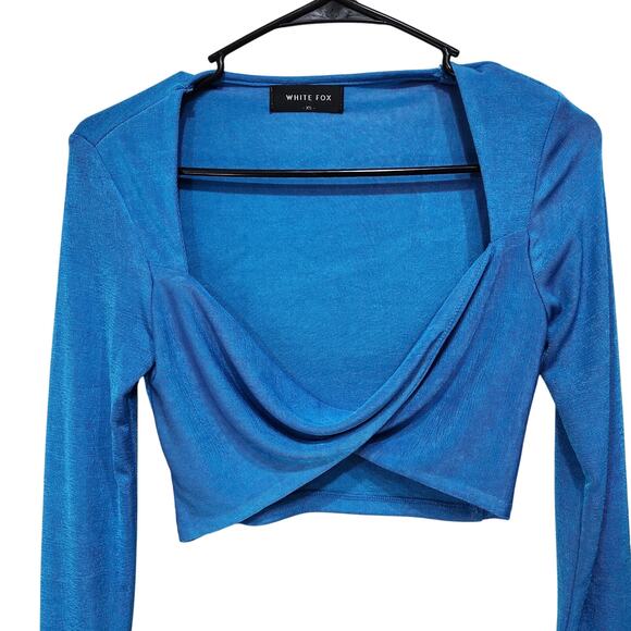 White Fox Front Twist Jersey Long Sleeve Crop Top Sweetheart Neck Blue Size XS - Picture 5 of 10
